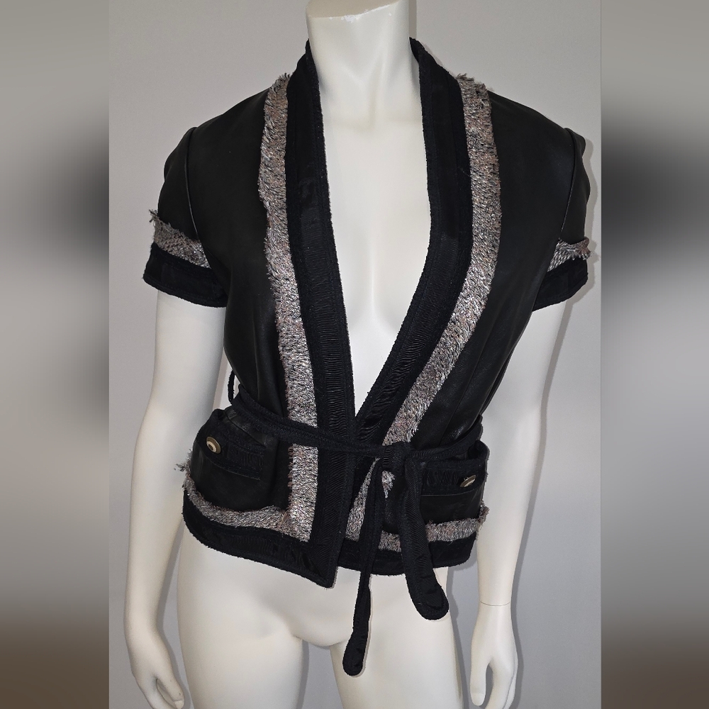 BCBGMAXAZRIA Short Sleeve Belted Genuine Leather Blazer XS